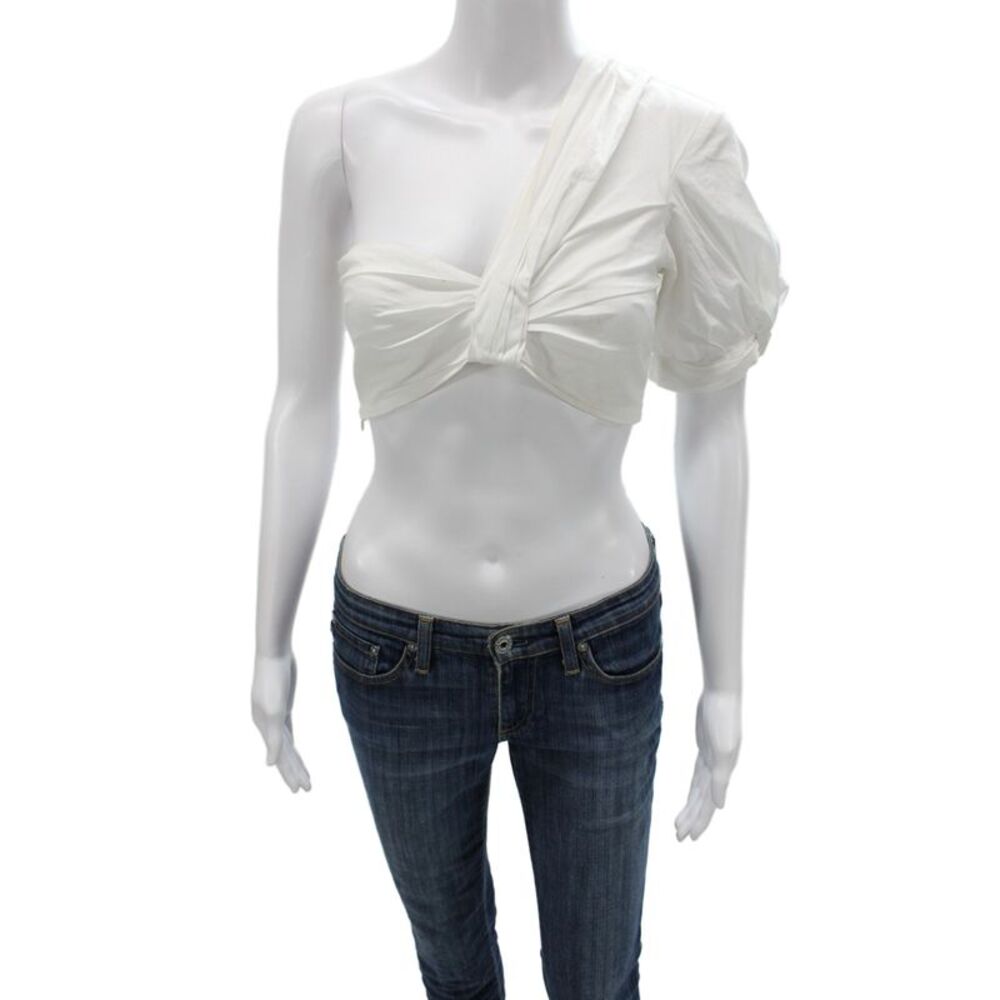 A.L.C. Women Cropped One Shoulder Short Sleeve Blouse White Cotton Size 2